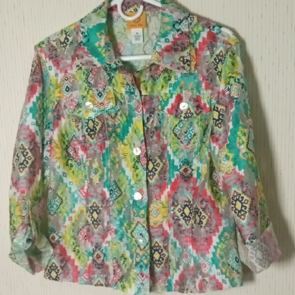 Ruby Rd. Pastel Floral Button-Up Top in Teal, Pink & Yellow